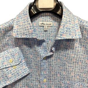 Peter Millar Mens‎ 100% Linen Button Up Shirt Cocktails Print Blue Medium Crown